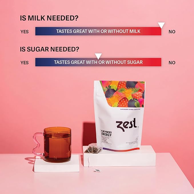 Zest Energy Green Tea - Superberry Samba - High Caffeine Strawberry, Acai, & Passion Fruit Tea - Caffeinated Coffee Altnernative with Antioxidants - Natural, Non-GMO & Keto - 20Ct Pack - 135mg Caf - Bloomnest