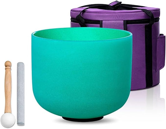 Green F Note Heart Chakra 8 inch Quartz Crystal Singing Bowl, for Healing Mindfulness Meditation Yoga Sound Baths, with Case Rubber Mallet - Bloomnest