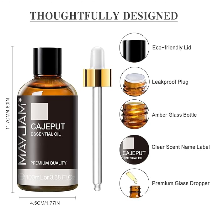 MAYJAM Cajeput Essential Oil, 3.38FL.OZ Pure Essential Oils with Glass Dropper, Large Volume Cajeput Oil, Perfect for Massage, DIY Candle and Soap Making (100ML) - Bloomnest