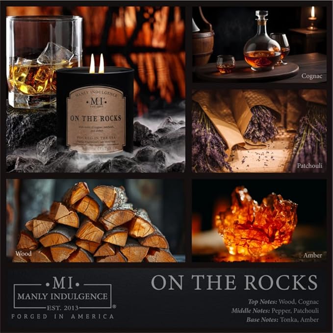 Manly Indulgence On The Rocks Scented Candles for Men, 2 Wick, 16.5 oz, Premium Soy Blend Wax, 60H Burn, Candles for Home Scented - Made in The USA - Bloomnest