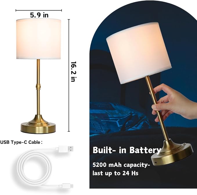 Rechargeable Table Lamp, Cordless Touch Lamps, Portable Desk Light with Stepless Dimmable Brightness & Fabric Shade for Nightstand Bedside Living Room (Gold, Straight) - Bloomnest