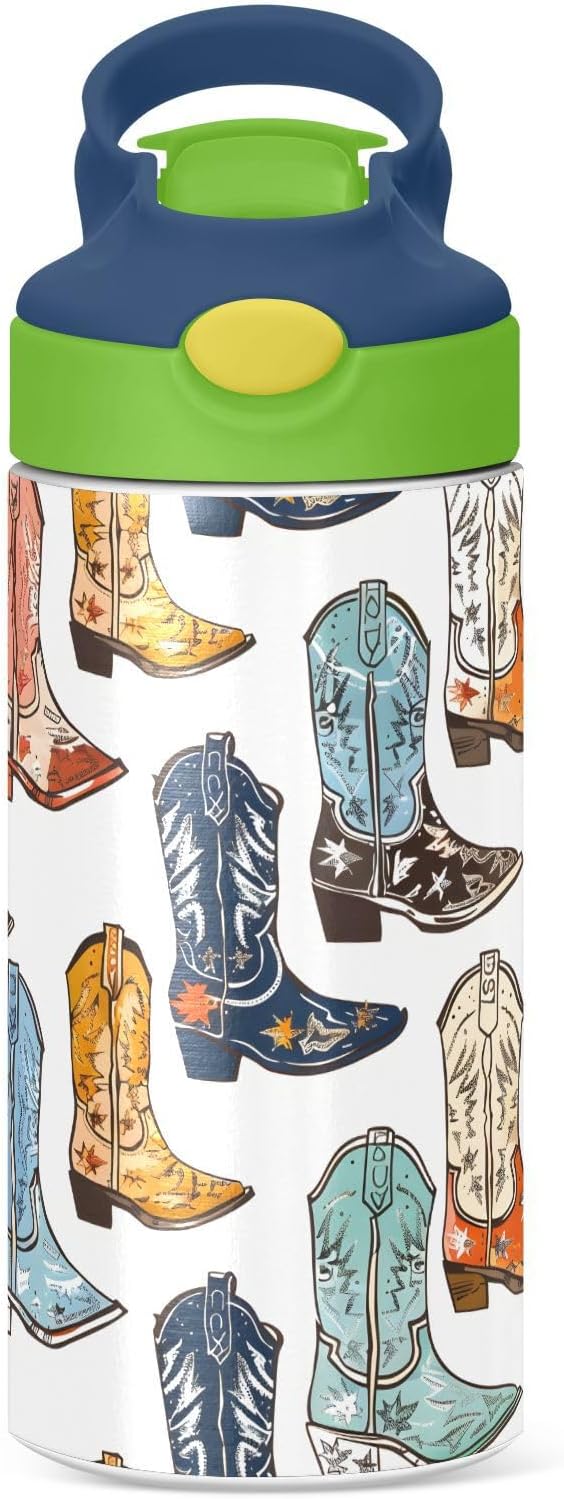 Cowboy Boots Kids Water Bottle with Straw Lid Insulated Tumbler with Handle Stainless Steel Reusable Toddlers Cup for Kids Boys 12 oz - Bloomnest