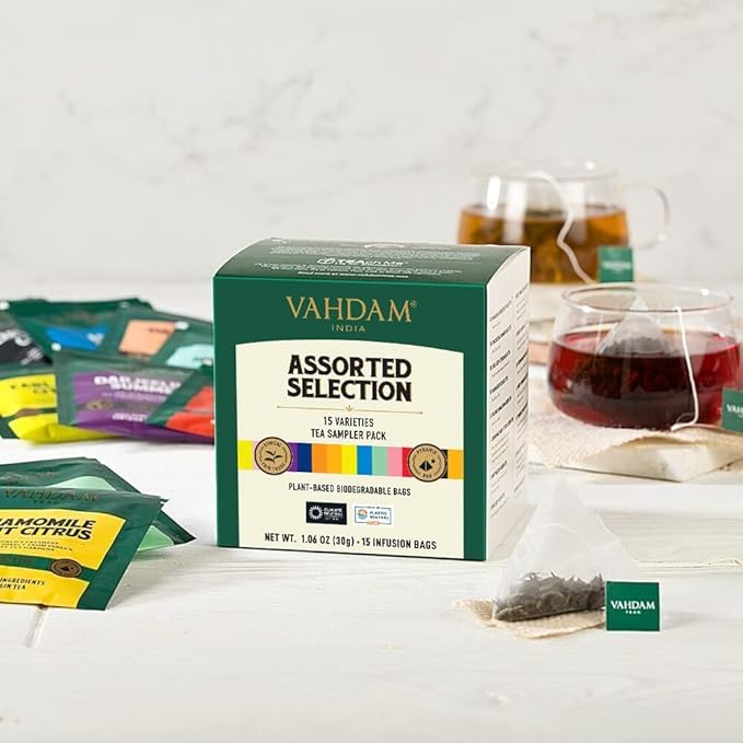 VAHDAM, Assorted Tea Sampler (15 Different Variety in Individually Wrapped Pyramid Tea Bags) Long Leaf Premium Teas I Teas Gift Set I Ideas for Tea Lovers | Gifts for Women & Men - Bloomnest