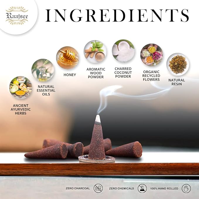 Raajsee Natural Incense Cones,6 Pack Mixed Scents Gift Pack 15 pc Each (90 Total), Insense Cones Variety Pack, 100% Organic Non Toxic Natural - Hand Rolled Free from Chemicals (Pack 1) RAAJSEE