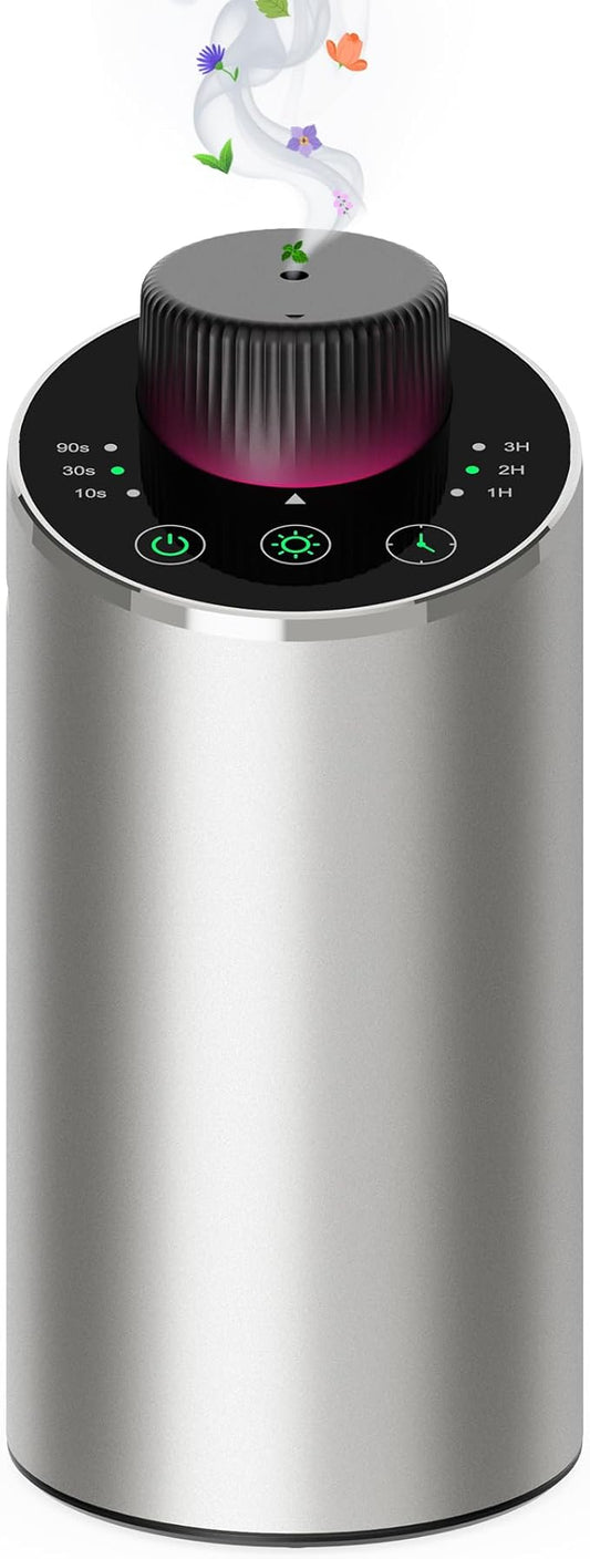 Waterless Essential Oil Diffuser Scent Aromatherapy Diffusers for Home Large Room, Car, Office, Portable Battery Operated Cordless Air Freshener, 4 Timers & 3 Mist Levels, 100ml Capacity (Silver) - Bloomnest