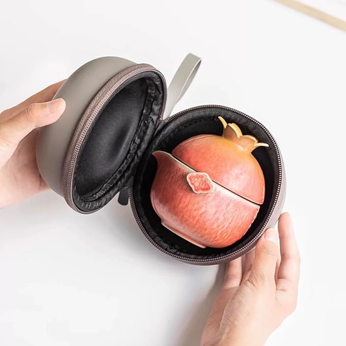 Pomegranate Shape Travel Teapot, Portable Ceramic Tea Set, 1 Pot 3 Mini Cups, Tea Set for One to Three, Tea Gift for Tea Lovers - Bloomnest