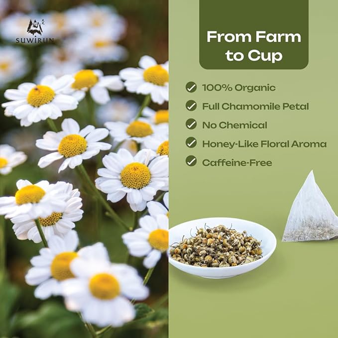 Suwirun Organic Chamomile Tea 25 Bags – 100% Chamomile Flowers – Naturally Caffeine-Free, Supports Relaxation & Sleep – Smooth & Soothing Herbal Tea - Bloomnest