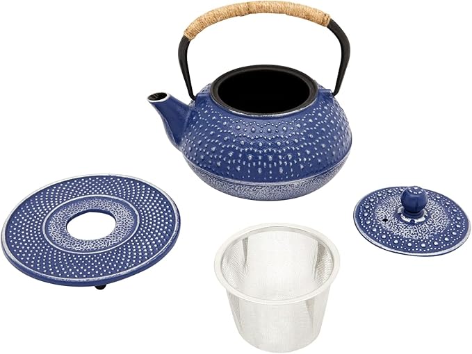 Juvale Cast Iron Teapot with Infuser - Blue, 27 oz (800 mL) - Stovetop Tea Kettle for Loose Leaf Tea - Includes Stainless Steel Infuser & Trivet - Bloomnest