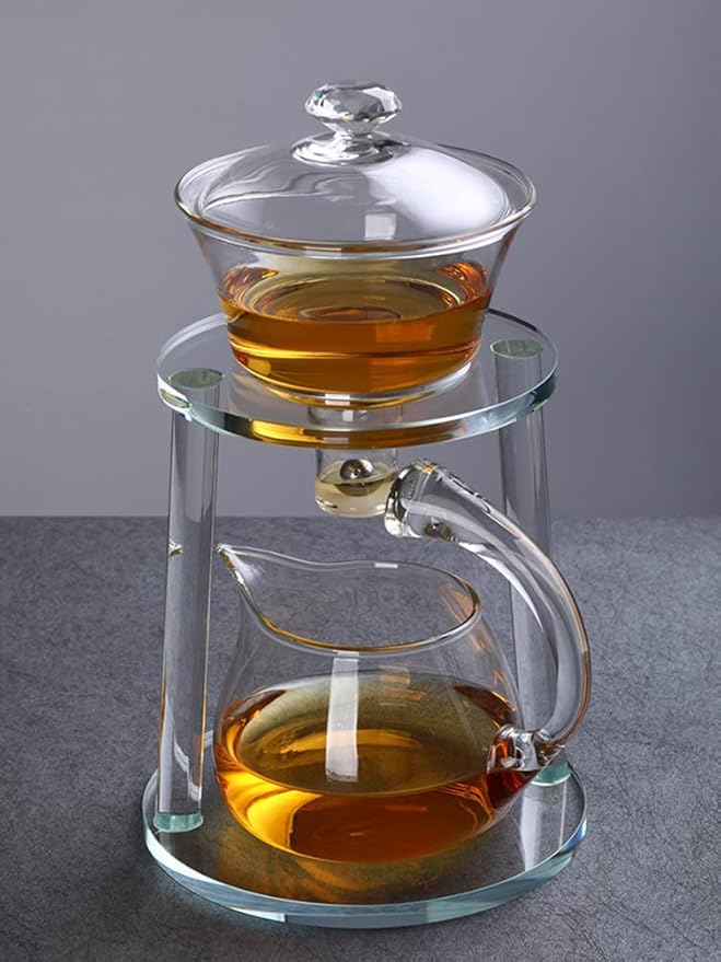 Mozeo Glass Semi-automatic Tea Set Wooden Glass Tea Set Water Diversion Rotating Cover Bowl Lazy Tea Maker Teapot Kungfu Fu teacup (Glass Clear Handle Teapot A)