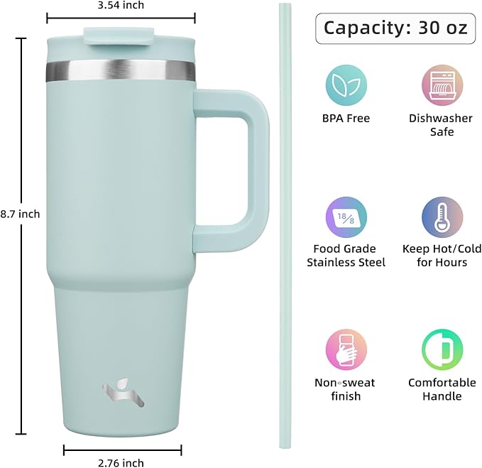 30 oz Tumbler with Handle and 2 Straws,2 in 1 Lid Insulated Water Bottle Stainless Steel Travel Coffee Mug,Blue Haze - Bloomnest