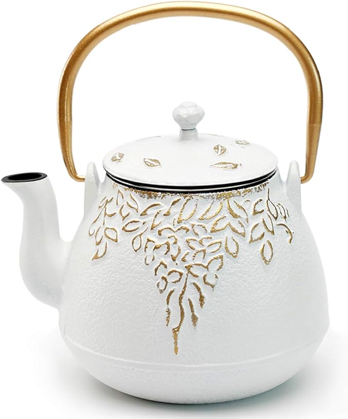 TOPTIER Japanese Cast Iron Tea Kettle with Infuser,Teapot Stovetop Safe, Leaf Design , Coated with Enameled Interior for 32 Ounce (950 ml), White - Bloomnest