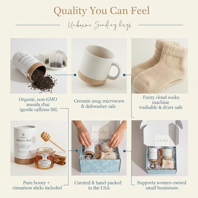 Unboxme Sending Hugs Get Well Gift Basket & Care Package for Women - Self Care Gift Box with Fuzzy Socks, Ceramic Mug, Chai Tea, Honey & Cinnamon - Bloomnest