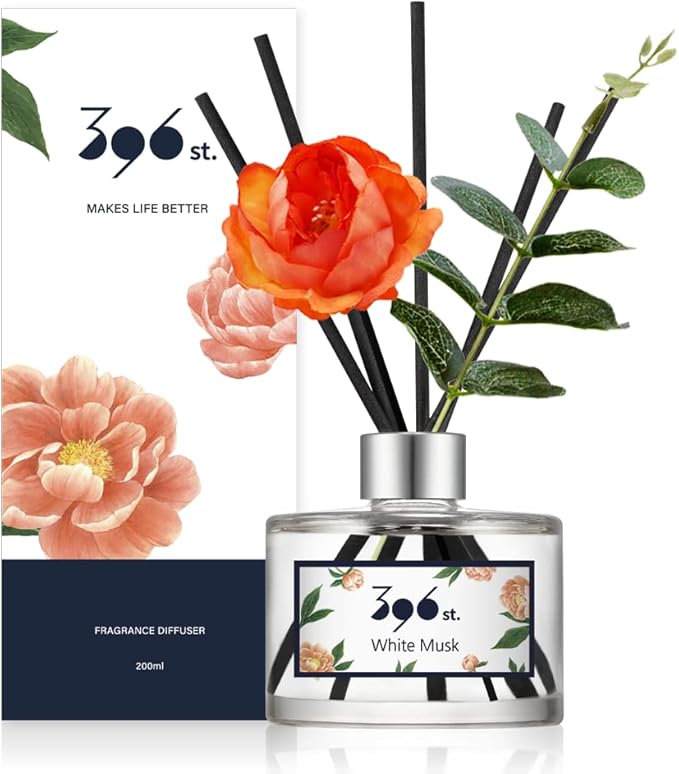 396 st. Peony Flower Reed Diffuser, White Musk, 200ml(6.7oz) / Reed Diffuser Sets, Home Fragrance, Scented Oils, Home & Bathroom Décor