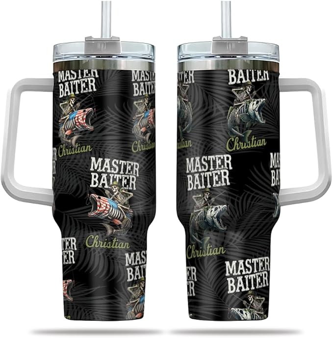 Funny Fishing Dad Tumbler with Handle and Straw, Custom Fisherman Gift with Pirate Fish Design, Personalized Present for Father Who’s a Bait Master - Bloomnest