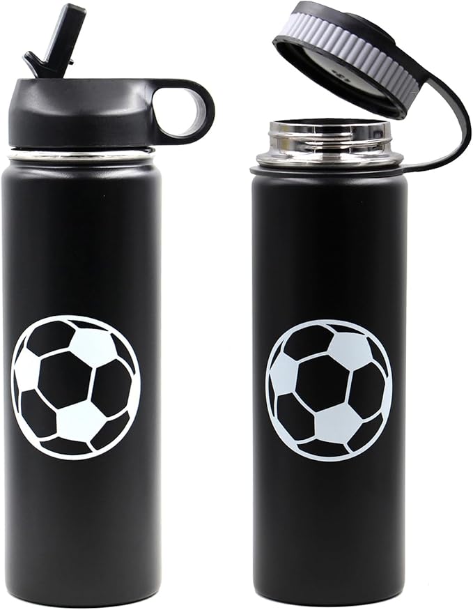 22 oz Soccer Water Bottle with Straw, Sports Flask Metal Travel Tumbler with 2 Lids, BPA Free Stainless Steel Double Wall Vacuum Insulated Leak Proof Thermo Water Bottles, Soccer Gifts for Boys Girls - Bloomnest