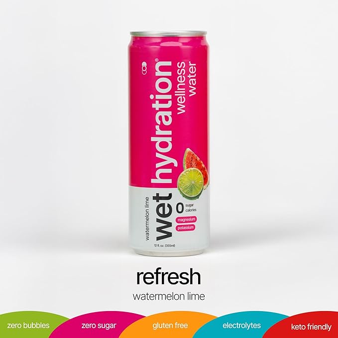 Wet Hydration | Functional Wellness Water, Non-Carbonated - Watermelon Lemon Lime (12 Ounce Cans, Pack of 12) - Flavored Water, Hydration Drink, No Sugar, No Artificial Ingredients, Zero Calories - Bloomnest