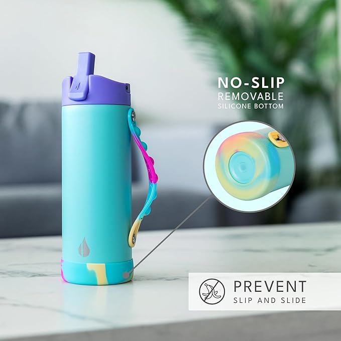 Elemental Iconic Kids Water Bottle with Straw Lid & Stress Relief Pop It Handle, Leak-Proof When Closed, Triple Insulated Kids Stainless Steel Water Bottle For Girls and Boys, 14oz - Blue Tie Dye - Bloomnest