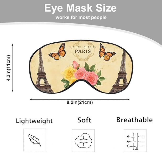 Eiffel Tower Eye Mask Sleeping Mask Vintage Paris Postcard Flower Butterfly Sleep Masks Silky Soft Eye Cover for Women Men Shading Blindfold for Air Travel Sleeping - Bloomnest
