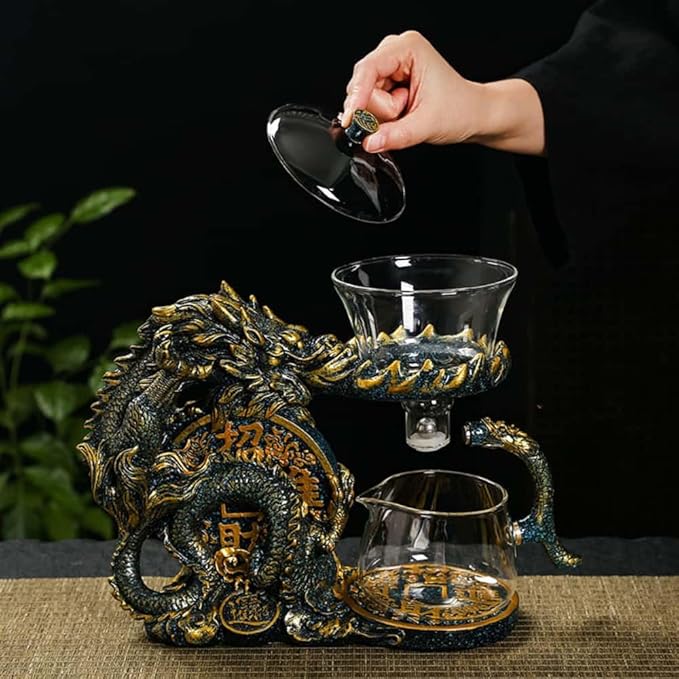 Glass Teapot Set with Infuser Semi Automatic Dragon Tea Set with 6 Small Cups (blue golden dragon-b) - Bloomnest