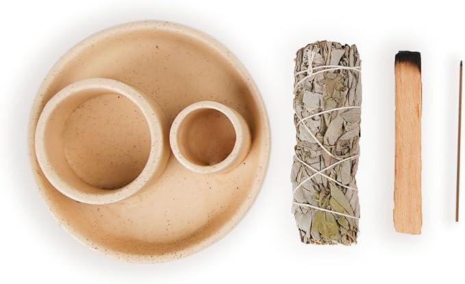 4 in 1 Incense Holder, Ceramic Incense Stick and Palo Santo Holder,Sage Holder for Burning- 5.5" Ceramic Ash Catcher Tray for Meditation and Yoga Room (Sand Gravel) - Bloomnest