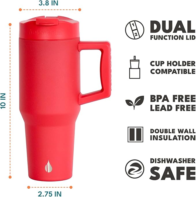 Elemental 32 oz 100% Leak Proof Tumbler with Handle & Straw - Stainless Steel Double Wall Insulated Tumbler for Hot and Cold Beverages - Travel Coffee Mug with Sip & Straw Lid - Red - Bloomnest
