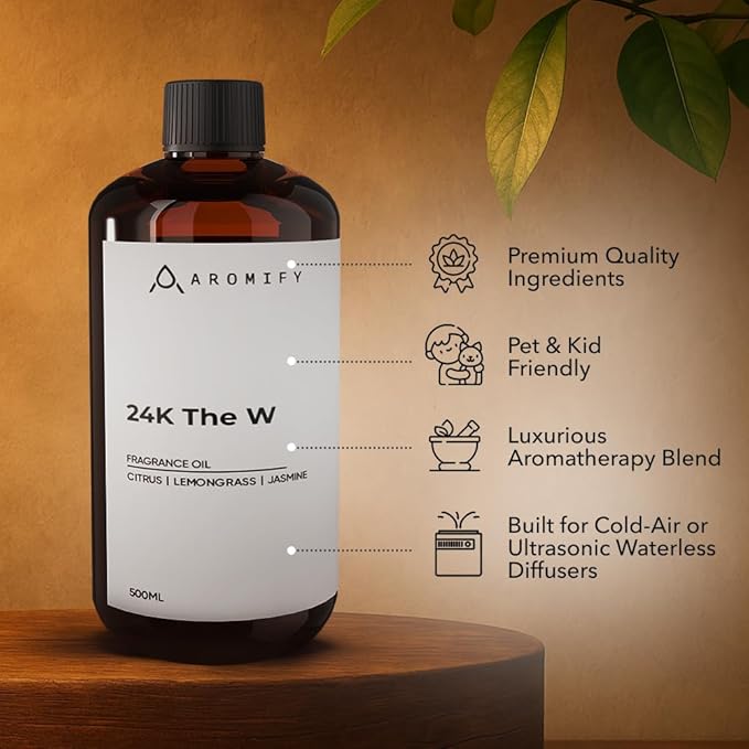 24K The W Diffuser Oil, 16.9 FL Oz 500 mL, Luxury Hotel Scent for Home, Bathroom, Spa & Office, Natural Essential Oil, Citrus & Lemongrass. - Bloomnest