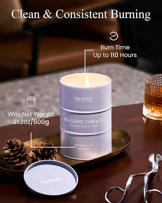 M&SENSE Tobacco Scented Candles Large, Natural Soy Candles 21.2oz 120 Hour Slow Burning,Aromatherapy Candle for Stress Relief Meditation Relaxing - Bloomnest