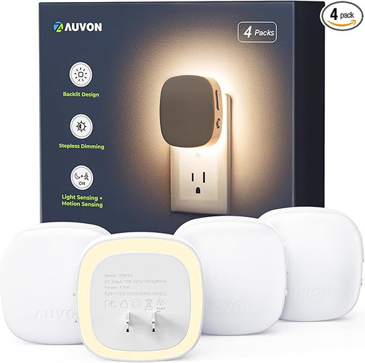 AUVON Plug-in LED Backlit Night Light with Motion Sensor & Dusk to Dawn Sensor, Dimmable Warm White Nightlight with 1-50 lm Adjustable Brightness for Bedroom, Bathroom, Stairs, Hallway (4 Pack) - Bloomnest