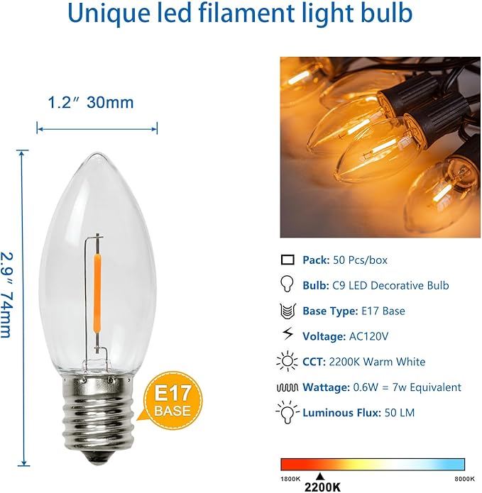 Waterproof C9 Replacement LED Light Bulbs –0.6W Equivalent to 7W, White Warm 2200K Outdoor String Lights E17 Base LED Light Bulbs, Clear Plastic, 50 Pack - Bloomnest