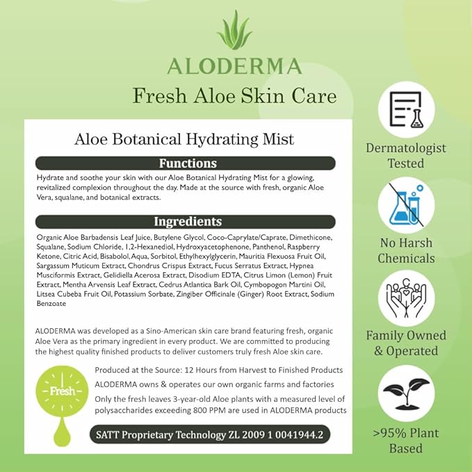 Aloderma Organic Aloe Botanical Hydrating Mister - Made within 12 Hours of Harvest to Soothe & Moisturize, Lightweight Fine Mist Facial Spray - Refresh & Hydrate Skin Through the Day, 120ml/4.23Oz - Bloomnest