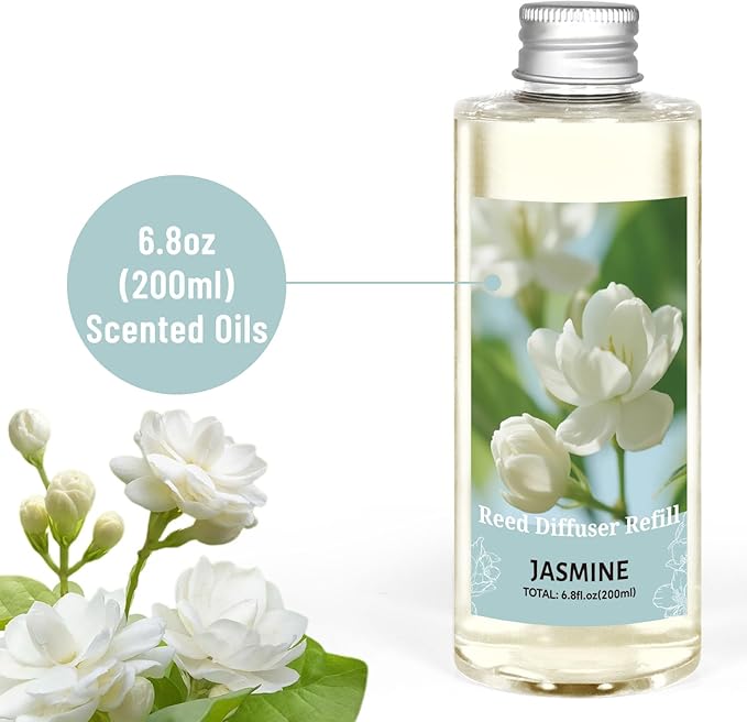 STRN Reed Diffuser Oil Refill, Jasmine Fragrance Oil for Diffuser Refill 200ml, Long-Lasting for Home, Living Room, Bedroom, Spa, 6.8 fl oz - Bloomnest