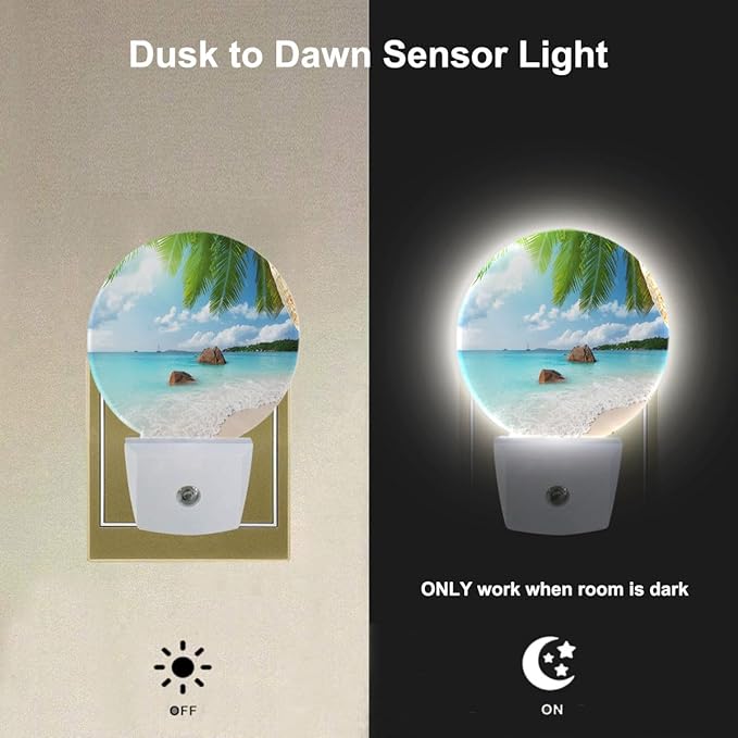 EKOBLA Palm Tree and Beach LED Night Light Island Beach Sea Ocean Dusk to Dawn Plug-in Nightlights Auto Sensor for Home Indoor Bathroom Hallway Kitchen - Bloomnest