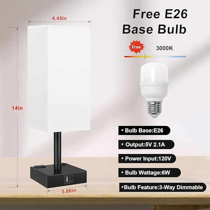 Touch Bedside Table Lamp for Nightstand - 3-Way Dimmable Night Lamp with USB A + Type C Charging Ports and Two AC Outlets, Small Desk Light with E26 LED Bulb for Bedroom Living Room,White Black - Bloomnest