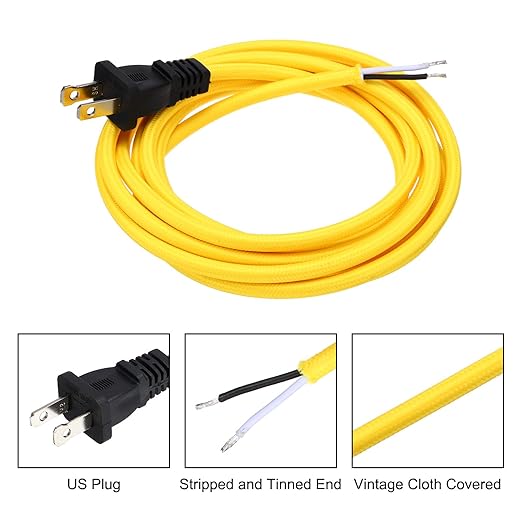 uxcell 8Ft 18/2 Cloth Covered Lamp Cord with Plug, Vintage Electrical Lamp Cord with Stripped Ends for Extension Wiring DIY Repairing, Yellow