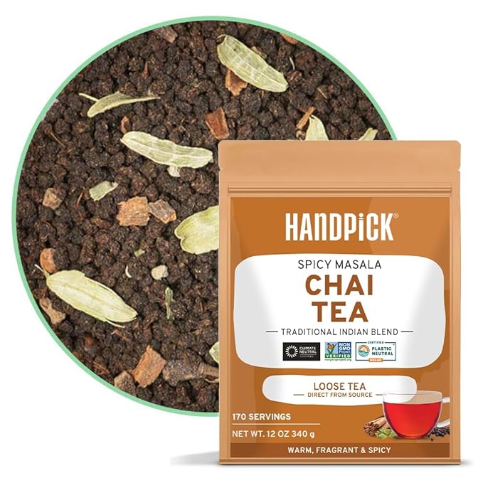 HANDPICK, Premium Chai Tea Loose Leaf (340g/12oz) | Blend Of Black Tea - Masala Chai Tea With Cinnamon, Cardamom, Cloves & Black Pepper | Resealable Ziplock Pouch - Bloomnest
