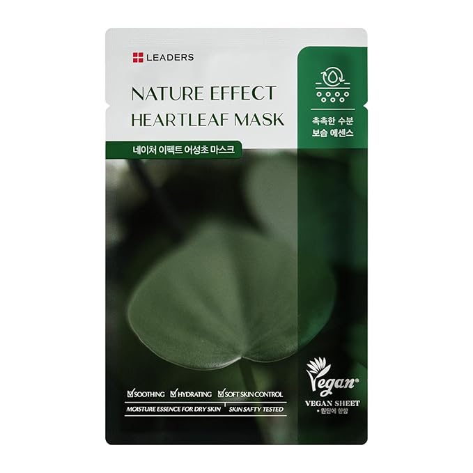 LEADERS Nature Effect Heartleaf Mask - Hydrating & Restoring Face Mask for Dry, Acne-Prone, Sensitive Skin | Soothing, Balancing, & Soft Skin Control Serum Content, Vegan Certified - 10 Sheets - Bloomnest