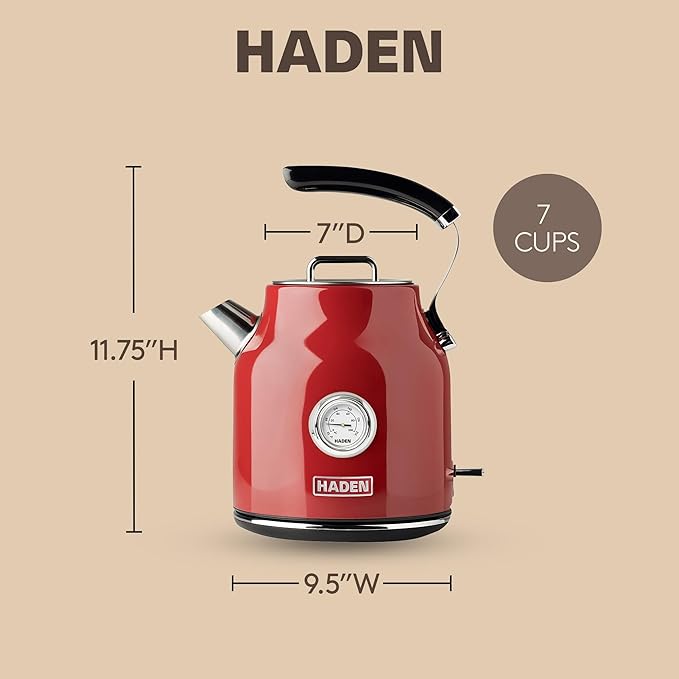 Haden Dorset 1.7 Liter Stainless Steel Electric Kettle, Hot Water Kettle with 360-Degree Base and Auto Shutoff, Rectory Red - Bloomnest