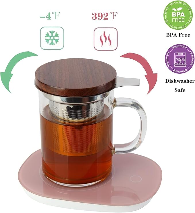 COMI Tea Cup with Infuser Walnut Lid&Handle, Glass Tea Cups with Wide Mouth Extra Large Capacity, Stainless Steel Tea Infuser Mug for Loose Leaf Tea Steeping(2PCS,14oz/400ml) - Bloomnest
