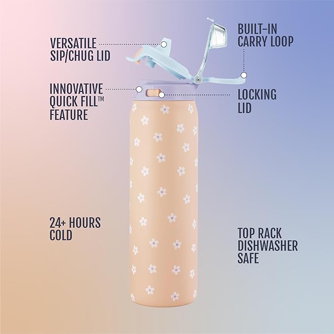 Ello Pop & Fill Insulated Stainless Steel Water Bottle with Quick Fill Lid, Leakproof Locking, Sip or Chug Spout, BPA-Free, Double Wall Vacuum Insulated for Sports, Travel & School- 22oz / 32oz / 40oz Ello
