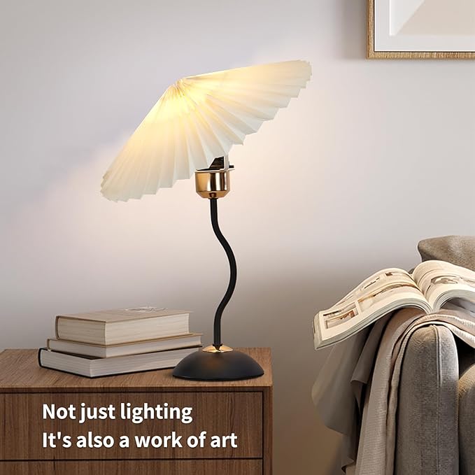 Arts Bedside Table Lamp for Bedroom, Cute Small Pleated Lamps for Nightstand, Vintage Lamp with Umbrella Shade, Decor Desk Reading Lamps for Living Room Kids Room Dorm Office with E26 LED Bulb - Bloomnest