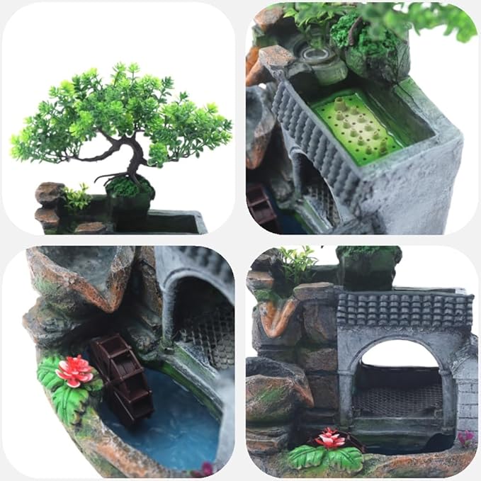 Water Fountains Indoor Tabletop Fountains Rock Fountain with Lights & Plants, Indoor Waterfall Fountain Desk Fountain Desktop Fountain for Indoor Outdoor Office Home