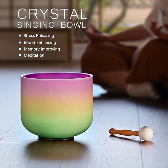 CVNC 440HZ 8 Inch Rainbow Colored B Note Crown Chakra Frosted Quartz Crystal Singing Bowl for Sound Healing and Meditation - Bloomnest