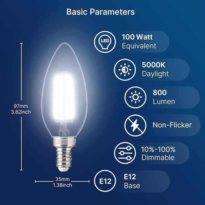 FLSNT 100W Equivalent Candelabra LED Bulbs 5000K Daylight, Dimmable LED Chandelier Light Bulbs for Dining Room, Living Room, Porch, 800LM, E12 Base, 24 Pack UL,CA65 Listed. - Bloomnest