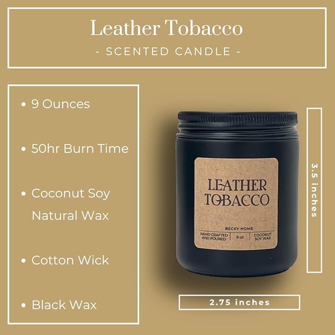 9oz Scented Candle for Men, Leather and Tobacco Scented, Men Scented Candle, Long Lasting Masculine Scents, Natural Coconut Jar Candle for Home, Bachelor Pad Decor, The Perfect Mens Gift - Bloomnest