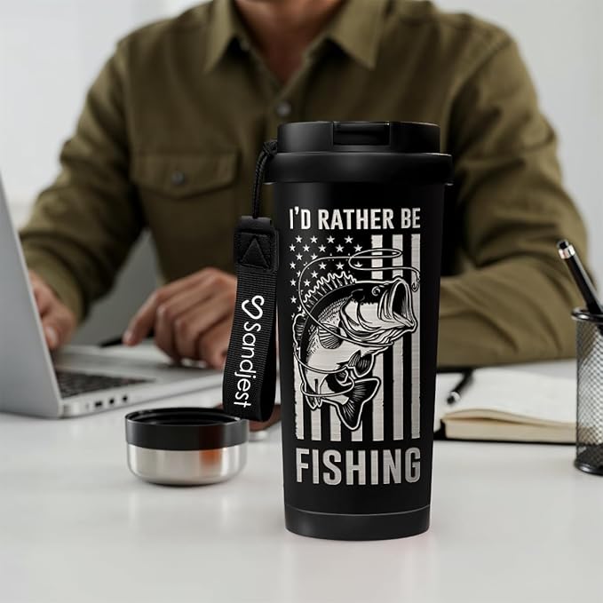 Fishing Tumbler - Stainless Steel 2-in-1 Lid Coffee Tumbler 18 oz, Insulated Travel Mug Gift for Men Husband Dad, Birthday Christmas - Bloomnest