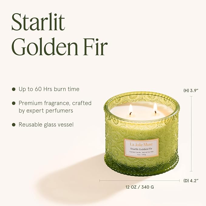 LA JOLIE MUSE Christmas Candle | Starlit Golden Fir | Fir Balsam, Cedarwood & Smoke | 12 oz Soy Candle, Double Wick | 60 Hours Clean Burn | Christmas Gift for Women & Family - Bloomnest