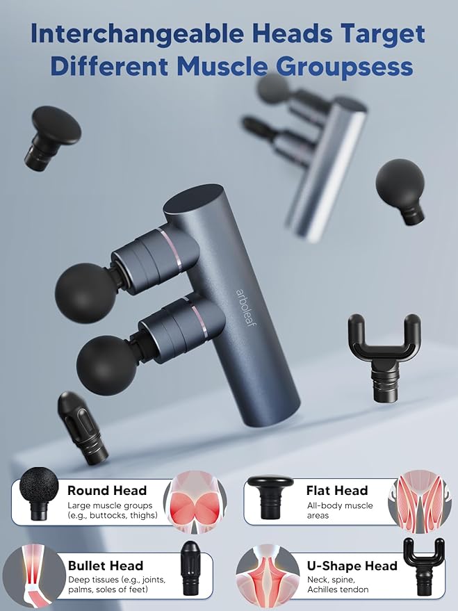 arboleaf Massage Gun Deep Tissue with Double Heads, Full-Metal Electric Portable Handheld Massager for Back, Shoulder, Sore Muscles, Pain Relief, 5 Modes, Seamless Speed Control - Bloomnest