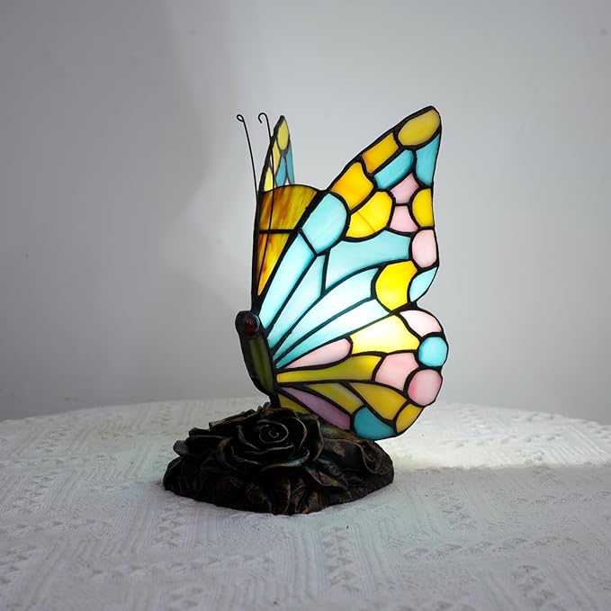 Small Tiffany Butterfly Table Lamp for Girls Bedroom Kids Bedside Desk Light Sky Blue Yellow and Pink Stained Glass Lamp Vintage Unique Style Decor Nightstand Accent Night Light Office Mothers Gifts - Bloomnest