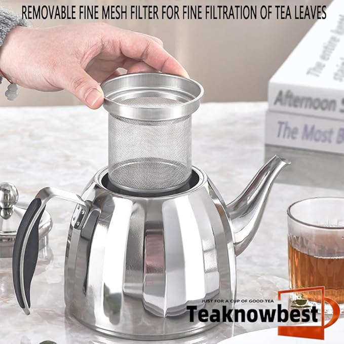 Stainless Steel Tea Pot with Removable Infuser - Loose Leaf Tea Maker, Home & Kitchen Teapot - Large 67.6 oz, Stovetop Safe Teapot for Tea/Coffee, Mirror Finish (2000ml) - Bloomnest