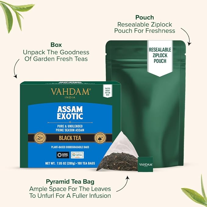 VAHDAM, Assam Exotic Black Tea Bags (100 Count) High Caffeine, Gluten Free, Full Bodied | Pyramid Tea Bags | Strong, Robust & Flavoury | Direct from Source - Bloomnest